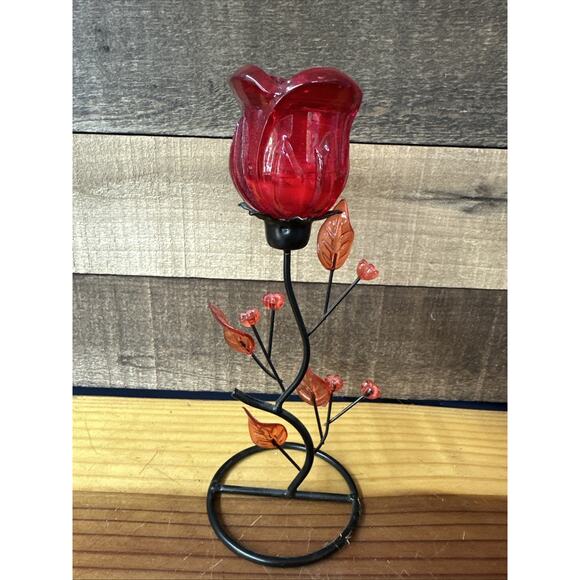 Red Glass Flower Tealight Candle Holder 9” Tall - Picture 1 of 5